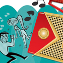 illustration of radio, retro, swingers, dancers, dancing, teens, teenagers, music, songs, speakers, digital, sock hop, greeting card