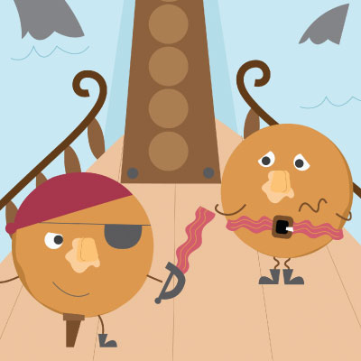 illustration of This is a children's game board consisting of two quirky looking pirate themed pancakes, one making the other walk the plank.

Food, pancakes, beacon, games, pirate, cartoon, animation, horse, character, charter development, children's books.