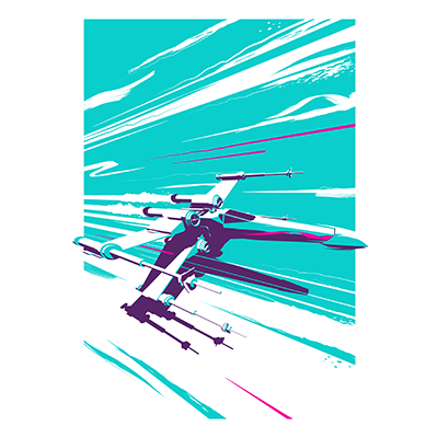 illustration of I’ve always loved the X-Wing and I wanted to capture it’s beautiful design in a way that did it justice, screaming through the air, low and fast.