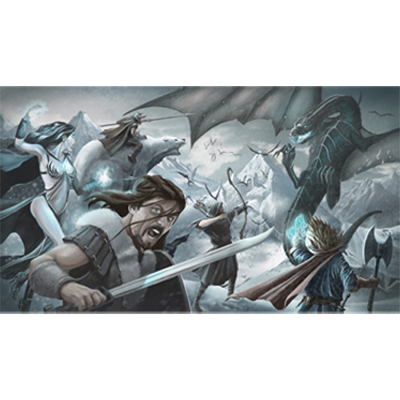 illustration of Concept Illustration depicting a group of adventurers engaged in battle with a flock of dragons.