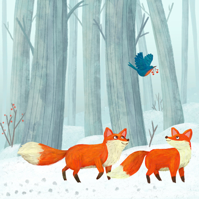 illustration of Foxes walking through a snowy wood with a bluebird.