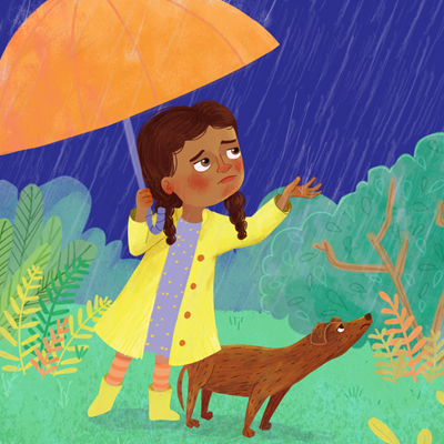 illustration of A girl with an orange umbrella in the rain with her dog.