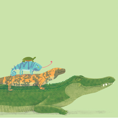 illustration of A group of reptiles icluding an alligator, turtle, chameleon and frogs.