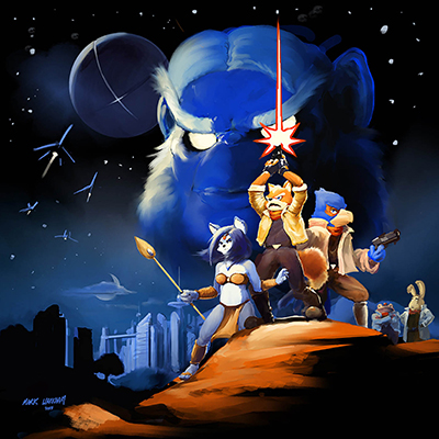 illustration of A painterly take on a classic Star Wars movie poster with characters from Nintendo's Star Fox in place.