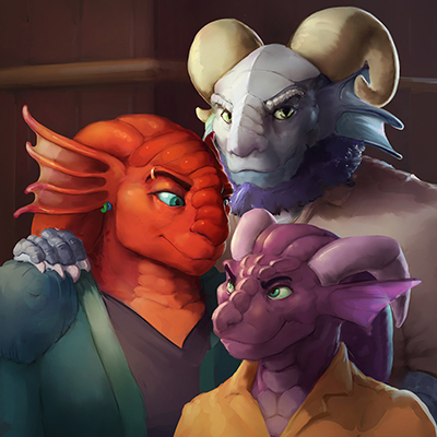 illustration of A digitally painted portrait of a family of Wyverns, depicted from their family roles played in a game of Dungeons & Dragons. 