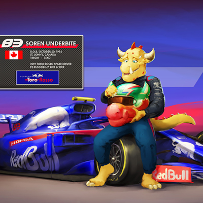illustration of A digital painting of a young race car driving dragon, excited for his debut in a top motorsports league. 