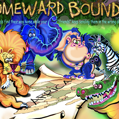 illustration of Homeward Bound board game-pitched to Hasbro. Box cover design. Game concept by Greg Miller

Tags: Game, board game, game board, elephant, gorilla, zebra, lion, crocodile, cartoon, jungle, Africa, puzzled, confused, Digital