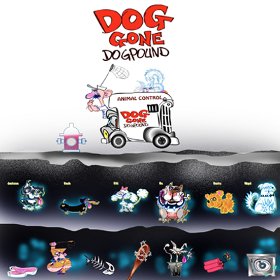 illustration of Doggone-Dogpound-Illustration, character designs, background art and assets for mobile game ipad app in development.