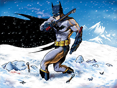 illustration of DC Comics' Batman, teaching some snow ninjas a lesson in manners