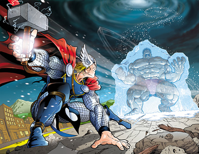 illustration of Marvel Comics' thunder god Thor fighting The Incredible Hulk!