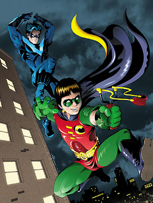 illustration of Commissioned artwork for private client depicting DC Comics superhero Nightwing fighting crime with the client's son as Robin