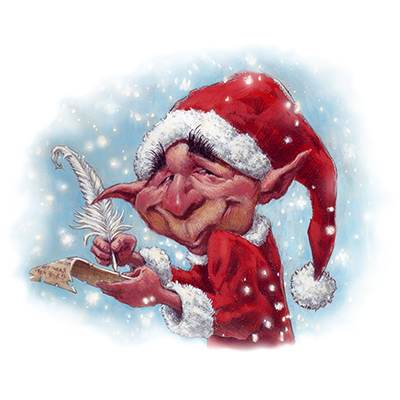 illustration of A Christmas Elf painted in gouache on hot press watercolor paper. 