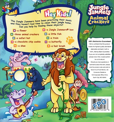 illustration of This is the back panel illustration and design for a box of Jungle Jammers Animal Crakers for Save-A-Lot grocery stores.