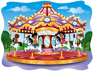 illustration of Carousel theme park ride for Scholastic, Inc. One of 9 scenes for a teacher's aide/classroom activity game.
