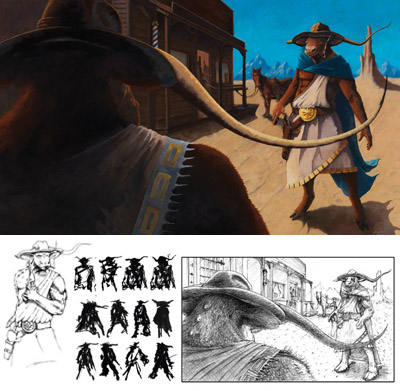 illustration of Concept sketches and final illustration of the High Noon Minotaurs.