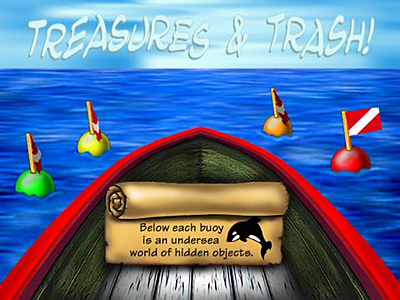 illustration of This is the interface for the finding and matching game. After entering this area, the map over the boat rolls down giving the child directions on using this site. Each buoy dissolves into  a different matching game for the child to use