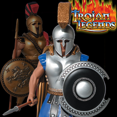 illustration of Character and figure design for full series (6 figures total) of articulated action figures based on the legend of Troy. 