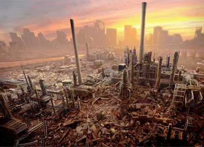 illustration of 2D Matte painting created in Photoshop with photographic and painted elements and effects, comped into the final scene for the movie 