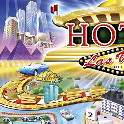 illustration of Design and illustration for the board game Hotel Las Vegas. Includes box and cover, gameboard, cards, money and all the 3d cut-out and assemble hotel models.
