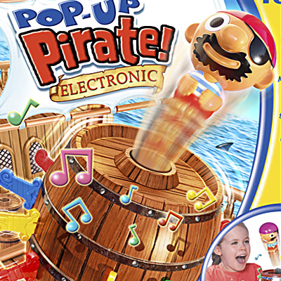 illustration of Variation on the popular pirate game. This time the boxed game cover artwork is for Pop-Up Pirate Electronic version.