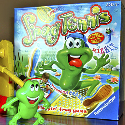 illustration of Wooooaaaaa! It's Frog Tennis, illustrated and artworked game box and all inner materials.