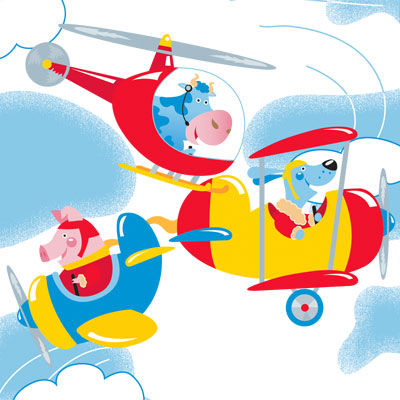 illustration of A squadron of animal flyers in helicopters biplanes and single wing aircraft fly through the stippled sky.
A decorative vector illustration done in a retro style. Pilots include a dog pig and cow. 