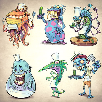 illustration of The nice folks at Scholastic hired me to draw concept illustrations for characters in a redesign of an educational app called Sushi Monster, in which kids solve math problems with a friendly but terrifying sushi chef.  I explored a lot of different character sizes, shapes, and attitudes.