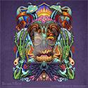 illustration of Trippy psychedelic and colorful illustration of an evil tiki mask with mushrooms growing out of his brain and visions of faraway places swirling in the background. 

