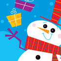illustration of snowman, christmas, winter, presents, gifts, ice, rink, ice skates, cold, snow, snowflakes, greeting card