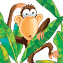 illustration of Chimpanzee in a banana tree. This was part of a Bananagram puzzle book. Chimp appears on the cover and interior of the book. 