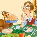 illustration of An illustration for a children's magazine. Find the 10 turkeys in the art. The turkeys join the feast rather than be the main course.