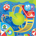 illustration of Illustration for a game board for a Roller coaster game. Marbles tents circus amusement park setting below the soaring roller coaster tracks.
