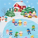 illustration of A winter holiday ice skating party where children skate while others build a snowman or sit by the fire and warm up with hot chocolate. A path leads to a cozy red victorian house.
A decorative cozy vector illustration.