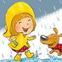 illustration of A digital pastel illustration of an early elementary aged girl splashing in puddles with her dog on a rainy day.