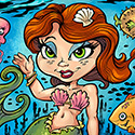 illustration of T-Shirt template I created of a young girl mermaid in a colorful underwater scene, available for licensing.