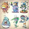 illustration of The nice folks at Scholastic hired me to draw concept illustrations for characters in a redesign of an educational app called Sushi Monster, in which kids solve math problems with a friendly but terrifying sushi chef.  I explored a lot of different character sizes, shapes, and attitudes.
