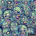 illustration of Illustrated zombie heads I created for a repeatable tile pattern for photoshop.  
I illustrated each zombie head with a lot of character and menacing horror with a bit of humor, colored in retro zombie green.  I designed the pattern for use primarily on apparel, but it can be used for a lot of other products.  I also plan on creating a sticker set with these.