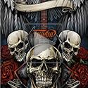 illustration of Apparel design I illustrated for the Gothic apparel brand Spiral Direct with plenty of skulls, roses, and a sweet heavy metal axe guitar.
The design was set up for full-color printing, front and back, and will be available in their catalogs soon.
